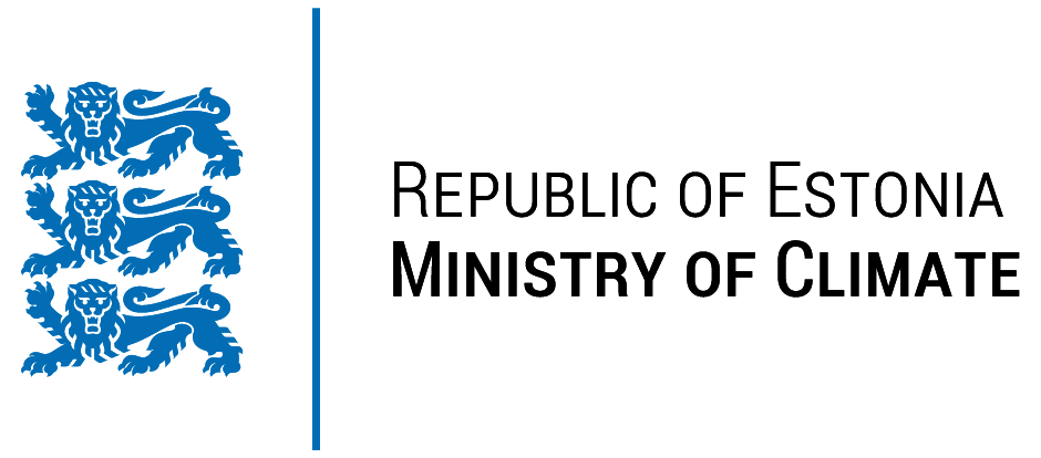 Emblem with three blue lions next to a vertical blue line and text republic of Estonia Ministry of Climate.