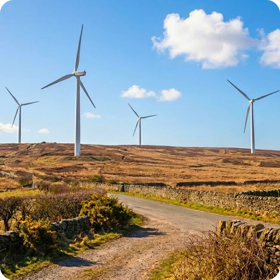 Rural landscape with a dirt road and stone fences leading to a hill dotted with four large wind turbines under a blue sky with scattered clouds.